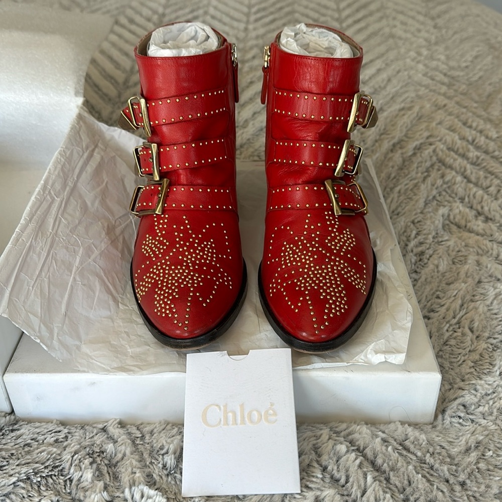 Chloe Susanna red studded zip ankle boots